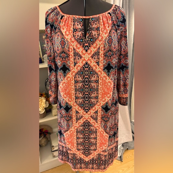 Liz Claiborne Career Print Shift Dress 3/4 Sleeve Sz 12 Modest Business Attire - Picture 1 of 7